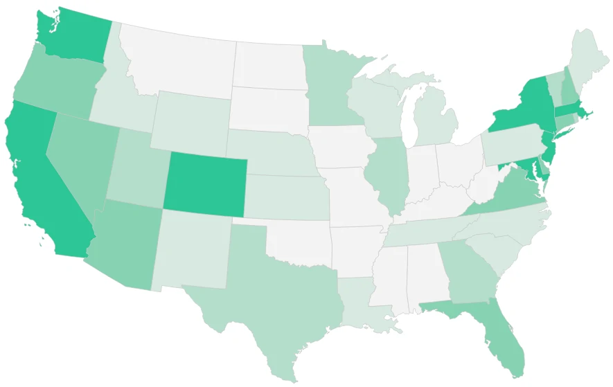 USA Rent Prices map showing showing the states with a higher gross rent in green