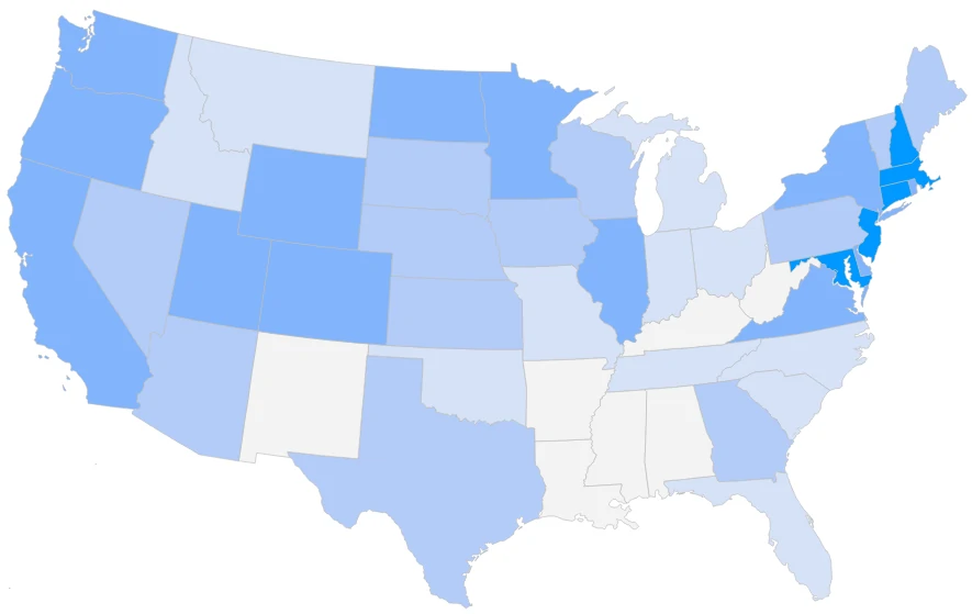 Household Income Map of the US showing states with a higher income in blue