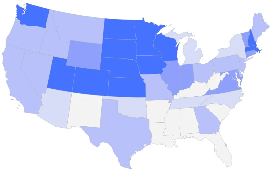 Map showing the United States by the Labor Force Participation Rate.