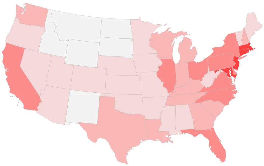 Population Density Map of the United States showing states with a higher population in red