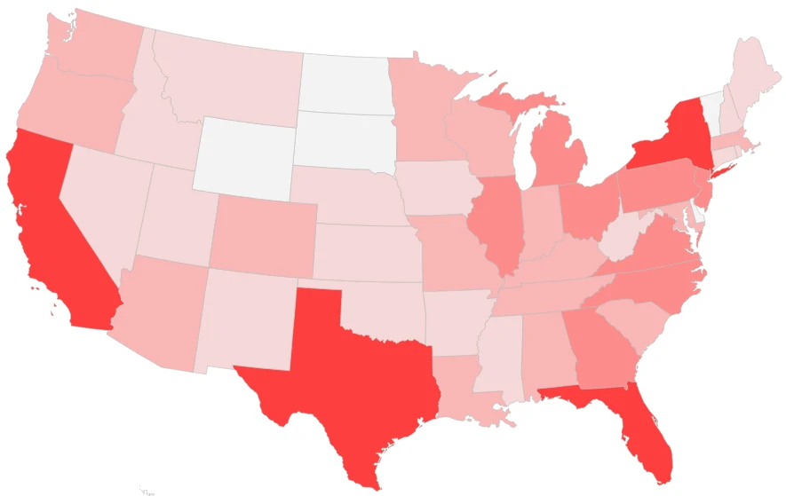 Population Map of the US showing states with a higher population in red